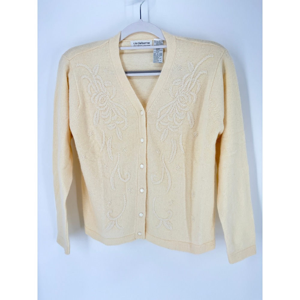 Vintage Cream Angora Cardigan Beaded Embroidered Sweater Soft Fuzzy Knit